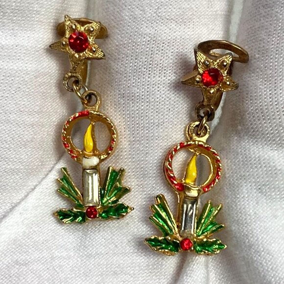 Vintage Christmas Clip On Earrings 2 Pr XMas Tree Candle Gold Tone Rhinestones - Picture 2 of 8